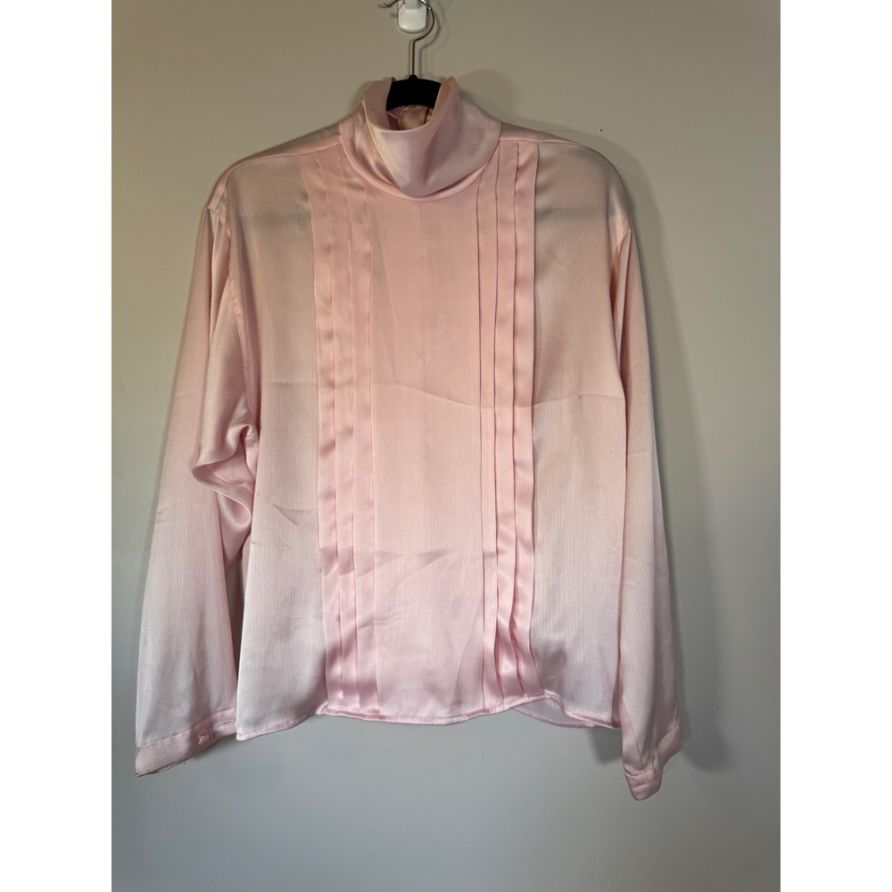 Anne Klein Vintage Pink Satin Mock Neck Pleated Tuxedo Blouse Womens 10